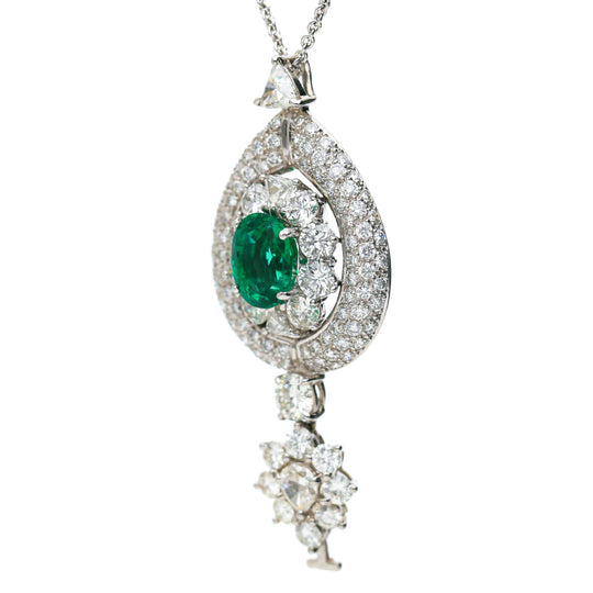 GIA 2.53 Carat No Oil Emerald & 5 Carat Diamond Platinum Drop Pendant