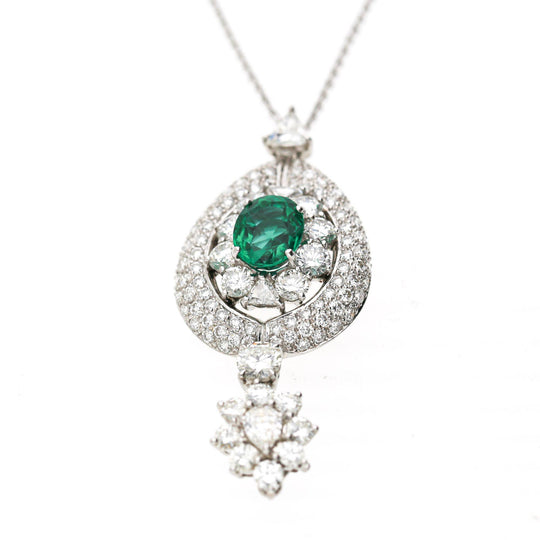 GIA 2.53 Carat No Oil Emerald & 5 Carat Diamond Platinum Drop Pendant