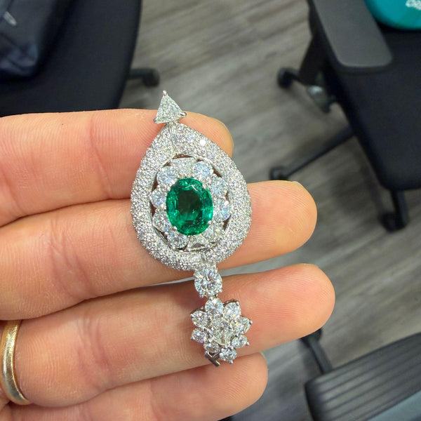 GIA 2.53 Carat No Oil Emerald & 5 Carat Diamond Platinum Drop Pendant
