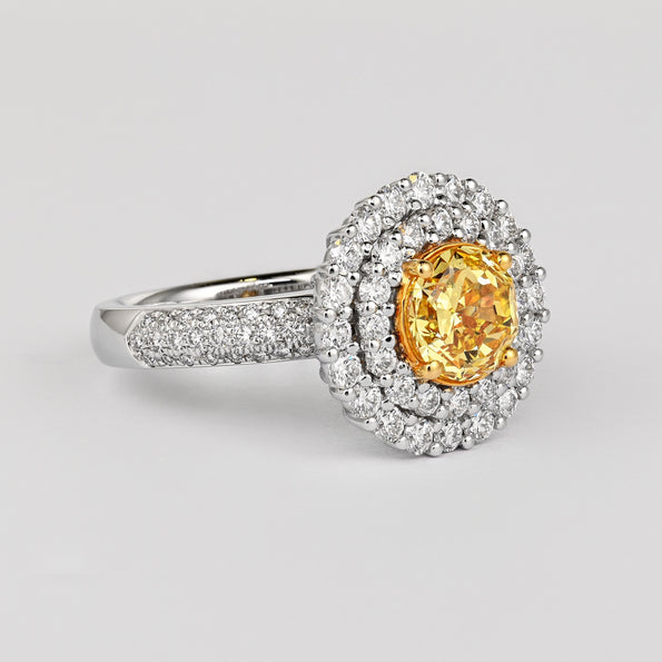 GIA Cert. 1.65 Carat Fancy Intense Yellow Diamond Double Halo Ring