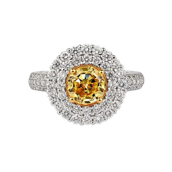 GIA Cert. 1.65 Carat Fancy Intense Yellow Diamond Double Halo Ring