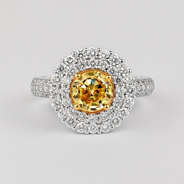GIA Cert. 1.65 Carat Fancy Intense Yellow Diamond Double Halo Ring