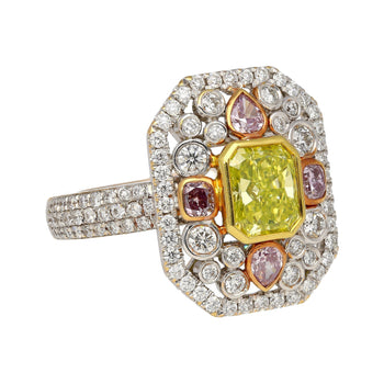 GIA Certified 1.15 Carat Radiant Cut Fancy Intense Yellowish Green Diamond Ring With Pink/White Side Stones – Assay Jewelers