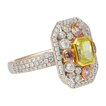 GIA Certified 1.15 Carat Radiant Cut Fancy Intense Yellowish Green Diamond Ring With Pink/White Side Stones – Assay Jewelers