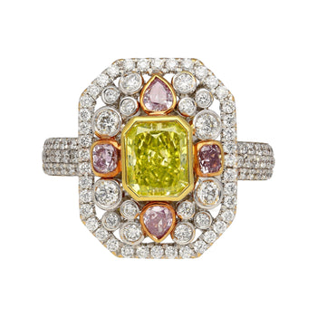 GIA Certified 1.15 Carat Radiant Cut Fancy Intense Yellowish Green Diamond Ring With Pink/White Side Stones – Assay Jewelers