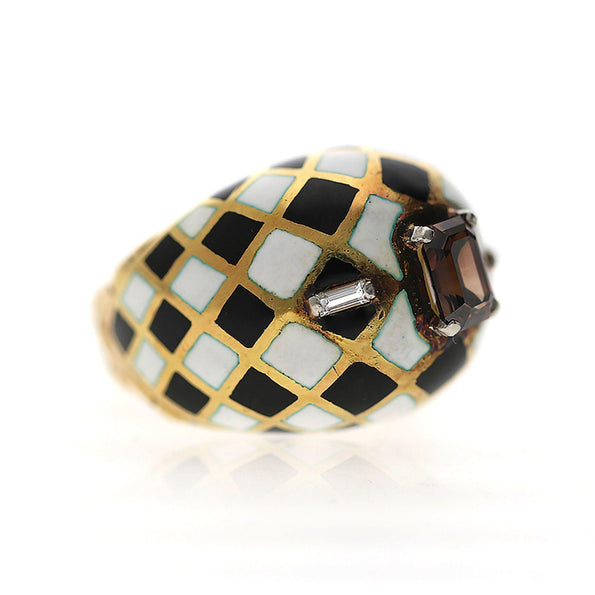 GIA Certified 1.38 Carat Fancy Orangy Brown Diamond Enamel 18K Gold Dome Ring