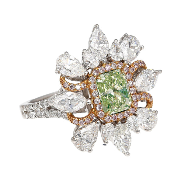 Bague en diamant taille radiant de 1,39 carat, certifiée GIA, vert jaunâtre intense fantaisie