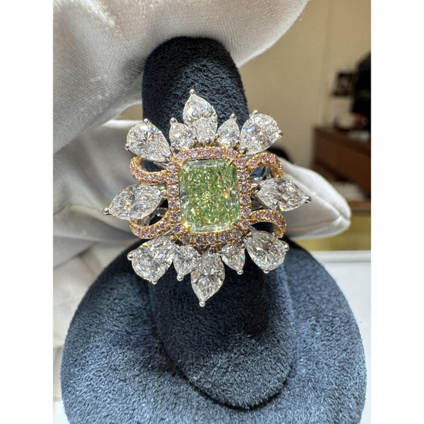 Bague en diamant taille radiant 1,39 carat, vert jaunâtre intense fantaisie, certifiée GIA