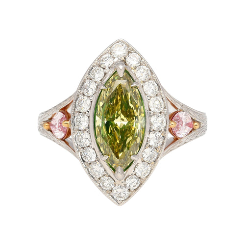 GIA Certified 1.92 carat Brownish Greenish Yellow Marquise Cut Diamond Ring