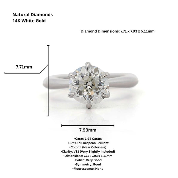 GIA Certified 1.94 Carat Old Euro Cut Diamond I/VS1 White Gold Solitaire Ring