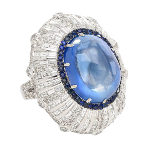 GIA Certified 26 Carat Sapphire Cabochon & Diamond Art Deco Dome 18K Ring