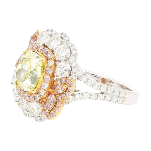 GIA Certified 2.02 Carat Cushion Cut Fancy Greenish Yellow Diamond Ring