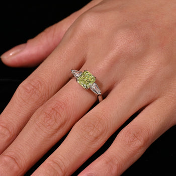 GIA Certified 2.22 Carat Fancy Yellow-Green Radiant Cut Diamond 3 Stone Ring in 18K White Gold – Assay Jewelers