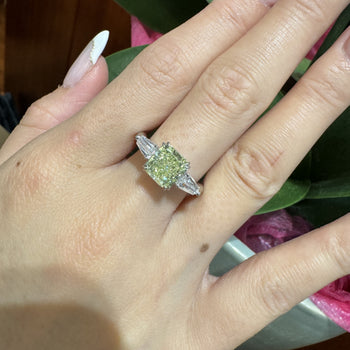 GIA Certified 2.22 Carat Fancy Yellow-Green Radiant Cut Diamond 3 Stone Ring in 18K White Gold – Assay Jewelers