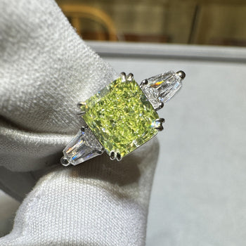GIA Certified 2.22 Carat Fancy Yellow-Green Radiant Cut Diamond 3 Stone Ring in 18K White Gold – Assay Jewelers
