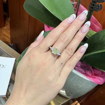 GIA Certified 2.22 Carat Fancy Yellow-Green Radiant Cut Diamond 3 Stone Ring in 18K White Gold – Assay Jewelers