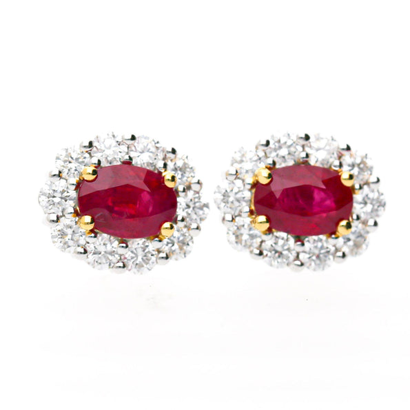 GIA Certified 2.3 Carat Oval Ruby & Round Diamond Halo 18K Stud Earrings