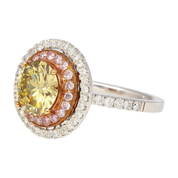 GIA Certified 2.30 Carat Fancy Brownish Greenish Yellow Diamond Round Double Halo Ring – Assay Jewelers