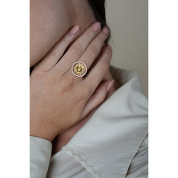 GIA Certified 2.30 Carat Fancy Brownish Greenish Yellow Diamond Round Double Halo Ring – Assay Jewelers