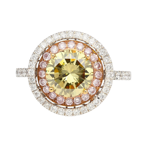 GIA Certified 2.30 Carat Fancy Brownish Greenish Yellow Diamond Round Double Halo Ring