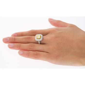GIA Certified 2.35 Fancy Yellow Diamond Ring With 1.0 CTW Diamond Cluster in 18K White Gold – Assay Jewelers