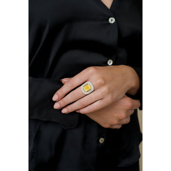 GIA Certified 2.35 Fancy Yellow Diamond Ring With 1.0 CTW Diamond Cluster in 18K White Gold – Assay Jewelers