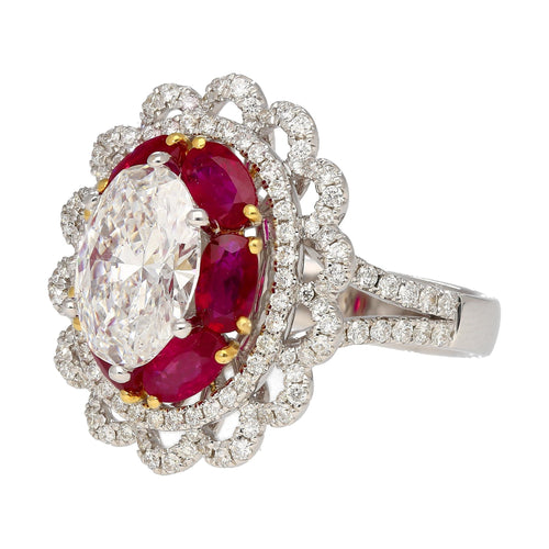 GIA Certified 2.8 Carat Oval Lab Diamond & Ruby Halo Floral 18K Ring