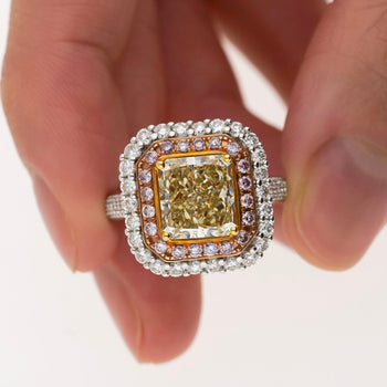 GIA Certified 3.51 Carat Fancy Brownish Yellow Diamond Ring with Pink and White Diamond Halo – Assay Jewelers