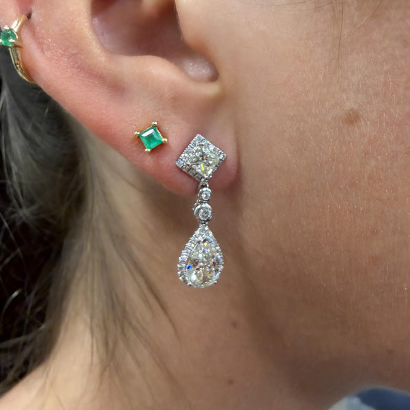 GIA Certified 3.93 Carat Pear Cut &Diamond Halo Drop Earrings in 18K White Gold
