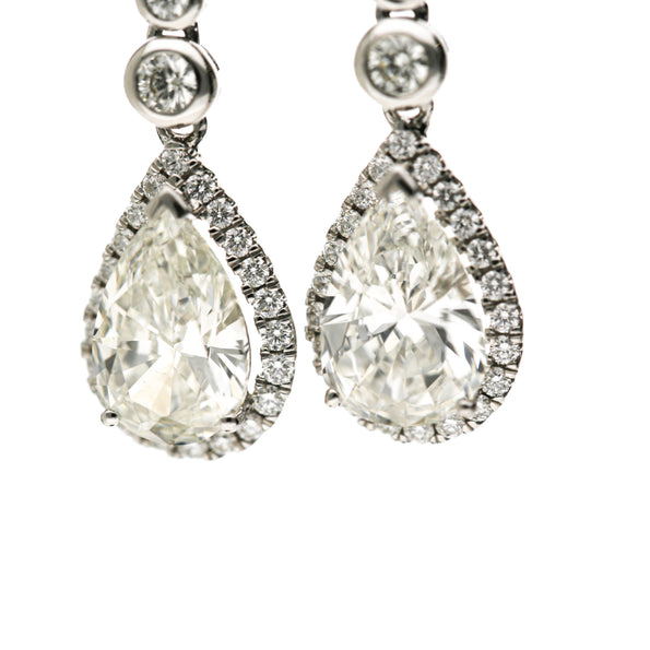 GIA Certified 3.93 Carat Pear Cut &Diamond Halo Drop Earrings in 18K White Gold