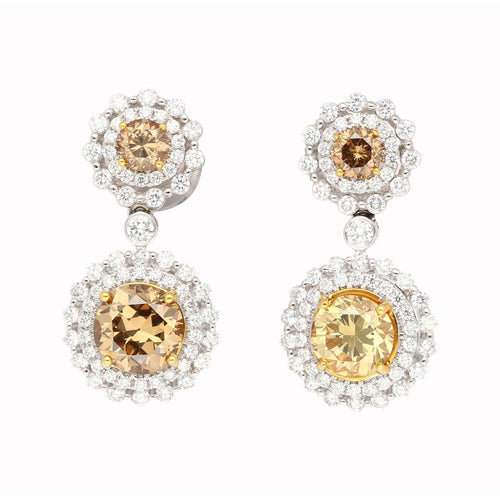 GIA Certified 3.96 Carat Round Fancy Brown To Yellow Diamond Drop Earrings