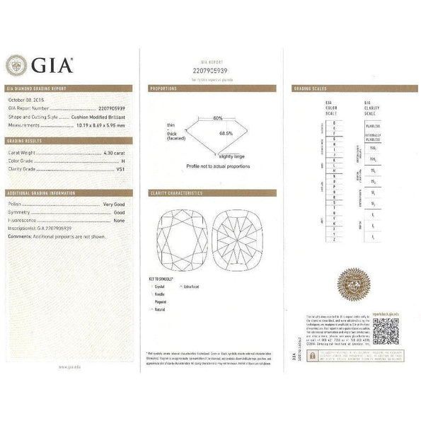 GIA Certified 4.10 Carat Cushion H/VS1 Diamond Swirl Engagement Ring