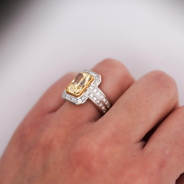 GIA Certified 4.12 Carat Fancy Yellow VS1 Radiant Diamond Halo Engagement Ring