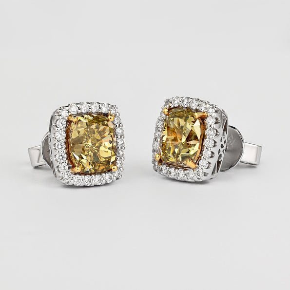 GIA Certified 5.12 Carat Fancy Brownish Greenish Yellow Diamond Stud Earrings