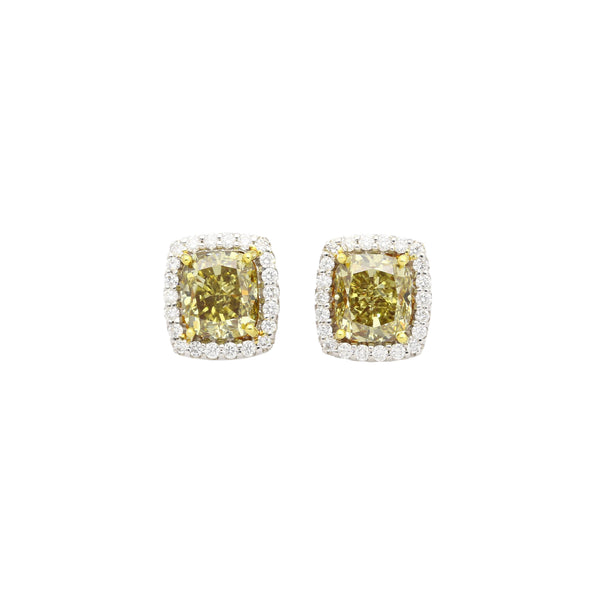 GIA Certified 5.12 Carat Fancy Brownish Greenish Yellow Diamond Stud Earrings