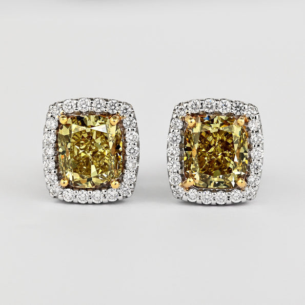 GIA Certified 5.12 Carat Fancy Brownish Greenish Yellow Diamond Stud Earrings