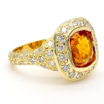 GIA Certified 6 Carat Cushion Cut Orange Sapphire Diamond Halo 18K Gold Ring – Assay Jewelers