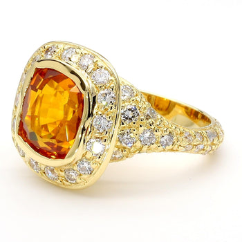 GIA Certified 6 Carat Cushion Cut Orange Sapphire Diamond Halo 18K Gold Ring – Assay Jewelers
