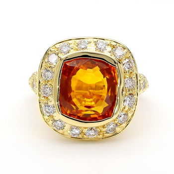 GIA Certified 6 Carat Cushion Cut Orange Sapphire Diamond Halo 18K Gold Ring – Assay Jewelers