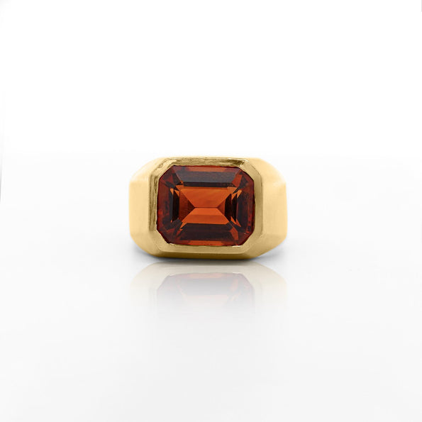 GIA Certified 7 Carat Emerald Cut Citrine 18K Gold Solitaire Bezel Set Mens Ring