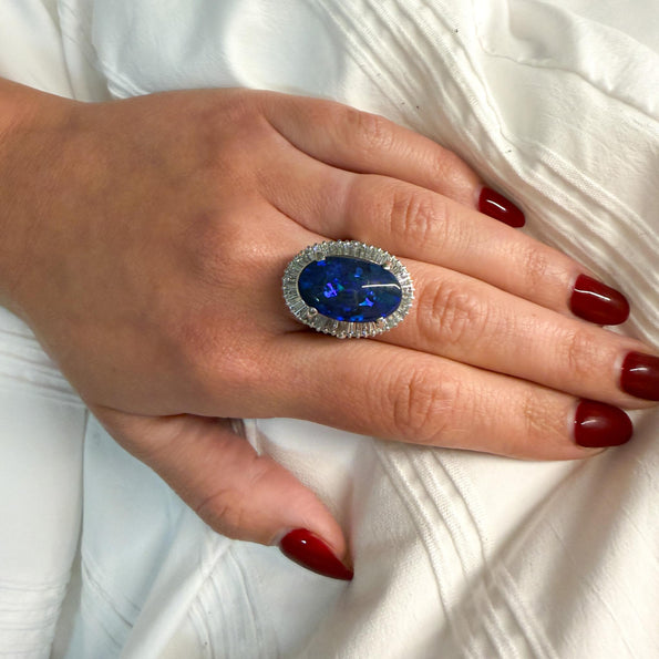 GIA Certified 8.69 Carat Cabochon Black Opal & Diamond in Platinum Cocktail Ring