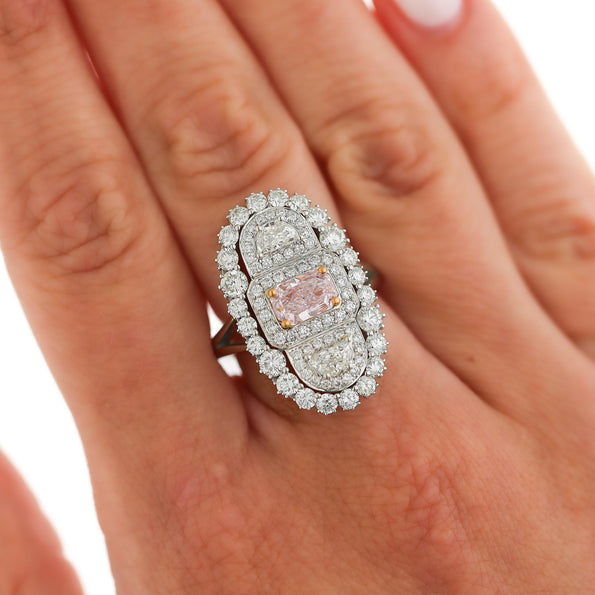 GIA Certified Fancy Light Pink Diamond Elongated Halo Cluster Ring