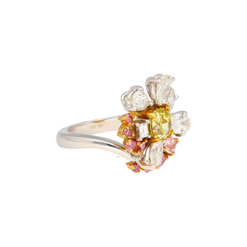 GIA Certified Fancy Yellow Cushion Cut Diamond with Pink and White Diamond Side Stones in Platinum 950 & 18K White Gold – Assay Jewelers