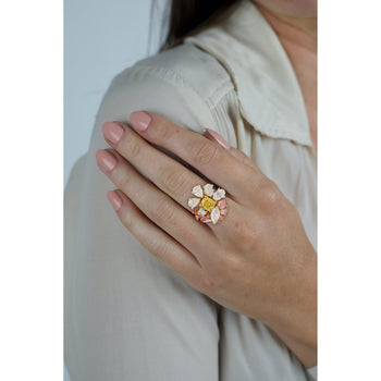 GIA Certified Fancy Yellow Cushion Cut Diamond with Pink and White Diamond Side Stones in Platinum 950 & 18K White Gold – Assay Jewelers