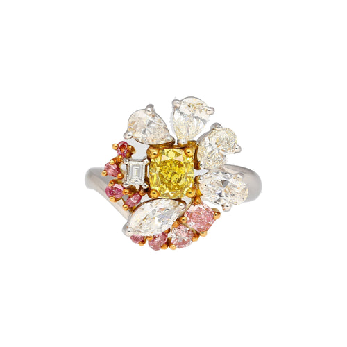 GIA Certified Fancy Yellow Cushion Cut Diamond with Pink and White Diamond Side Stones in Platinum 950 & 18K White Gold