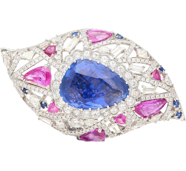 GIA Certified High Jewelry Sapphire and Diamond Eye Motif Pendant-Brooch