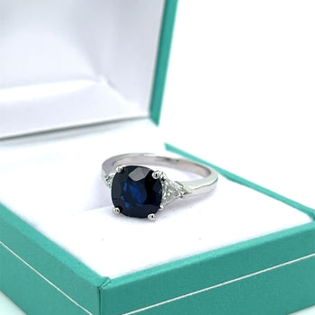 GIA Certified No Heat Blue Sapphire & Trillion Cut Diamond 3-Stone Engagement Ring – Assay Jewelers