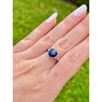 GIA Certified No Heat Blue Sapphire & Trillion Cut Diamond 3-Stone Engagement Ring – Assay Jewelers