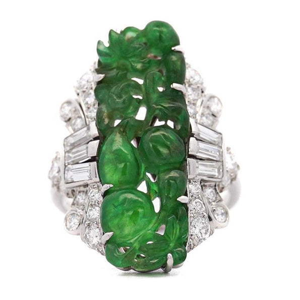 GIA Certified Vintage Carved Jadeite Jade & Diamond Statement Ring