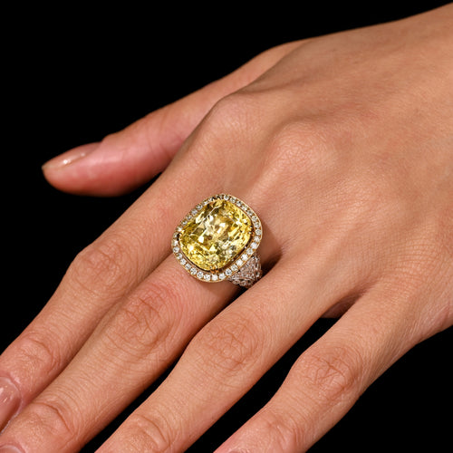 GIA Certified Vintage No Heat 17 Carat Cushion Yellow Sapphire & Diamond Halo Floral Filigree Cocktail Ring